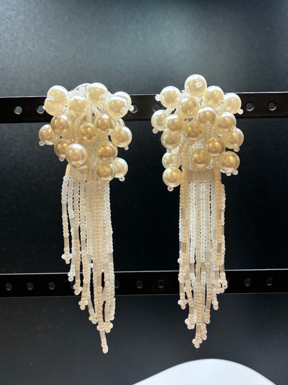 Vintage 1980’s Ivory beaded pearl cluster tassel clip-on earrings